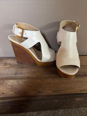 Michael Kors Cream Leather Open-Toe Wedge Sandals with Wood-Stacked Heel